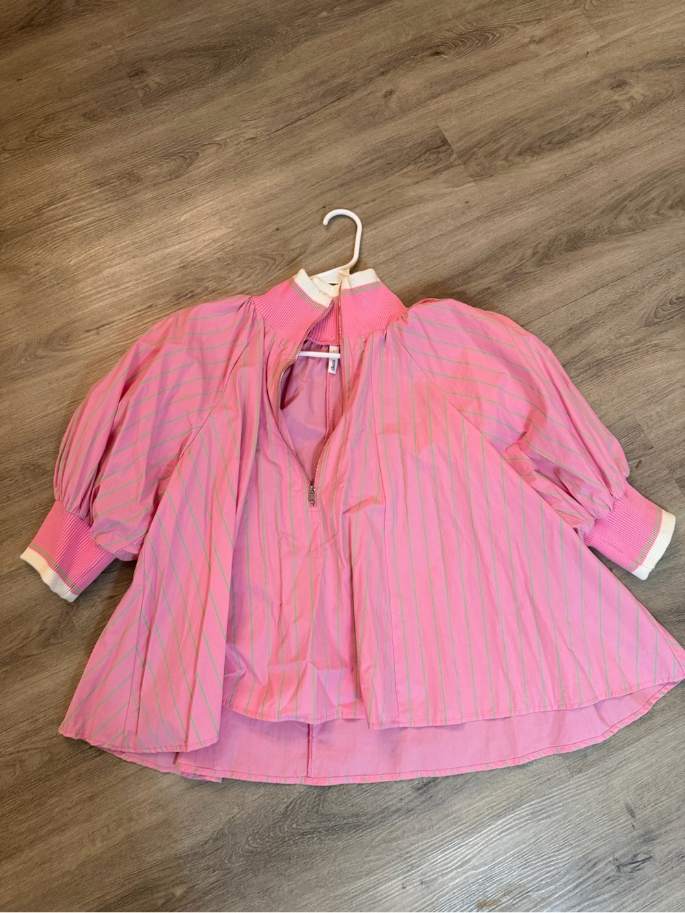 glam Pink Striped Puff-Sleeve Zip-Front Blouse